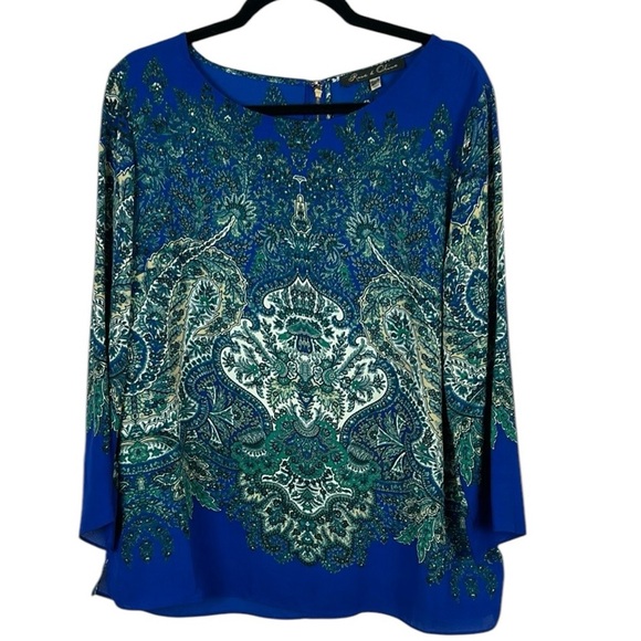 Rose & Olive Blue Green Graphic 3/4 Sleeve Blouse Size Large - Picture 1 of 9